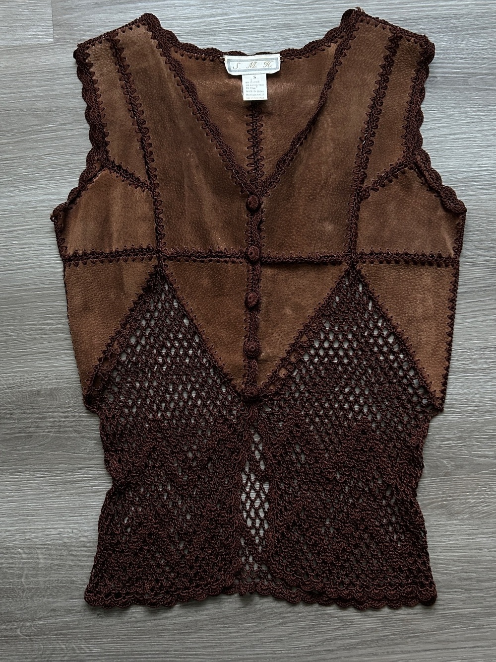 Vtg Brown leather Rustic patchwork Boho festival Crocheted Womens Vest Sz S